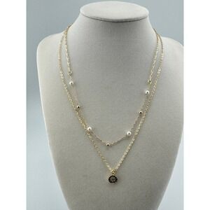 14k Gold‎ Plated Double Layer Evil Eye Necklace Pearl Bead Hypoallergenic